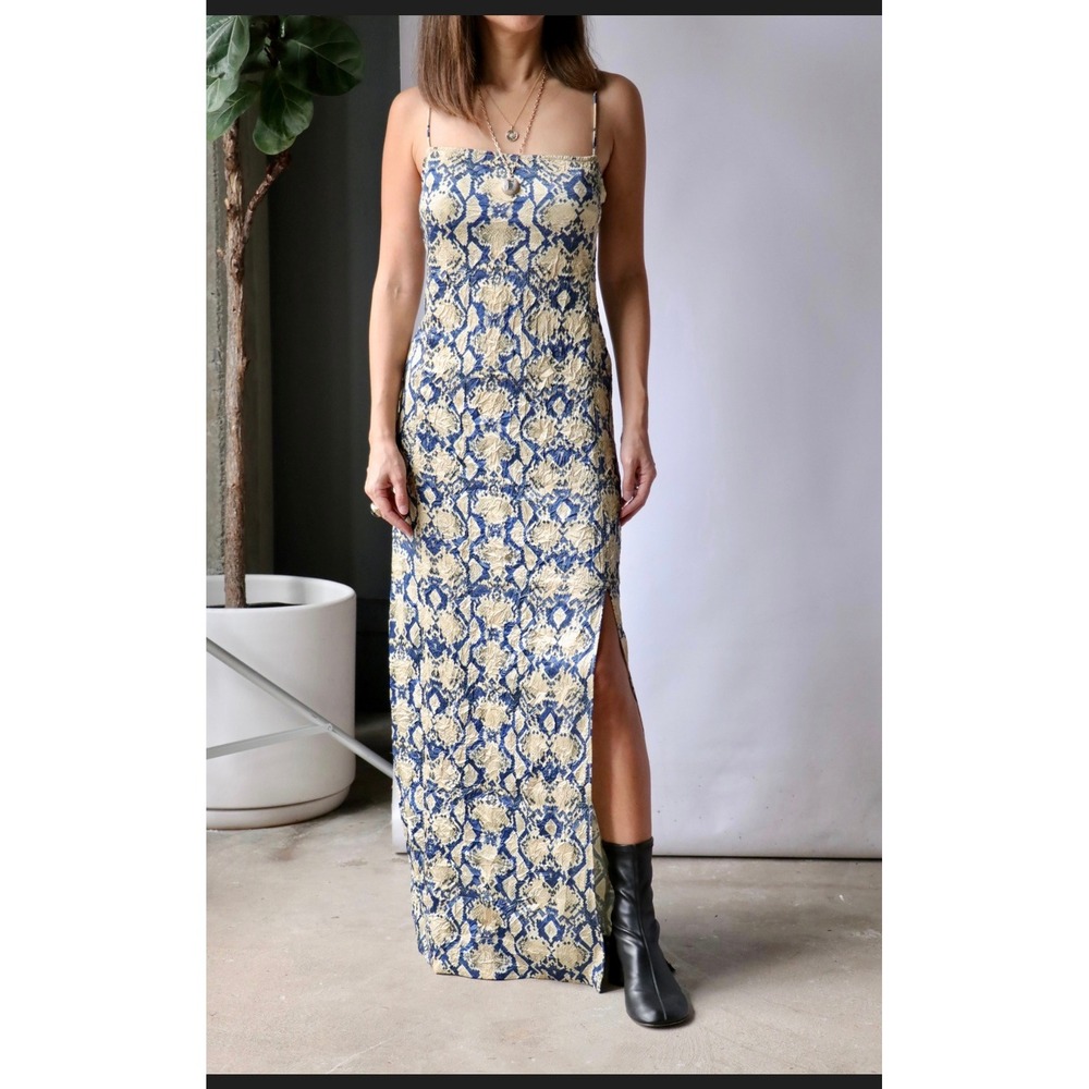 Ganni Maxi Dress 36 Blue Tan Snakeskin Print Spaghetti Strap Side Slit